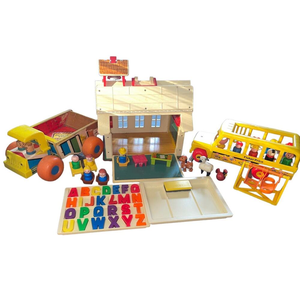 Vintage Fisher Price Little People School 923 Truck 145 Bus Huge Lot Accessories